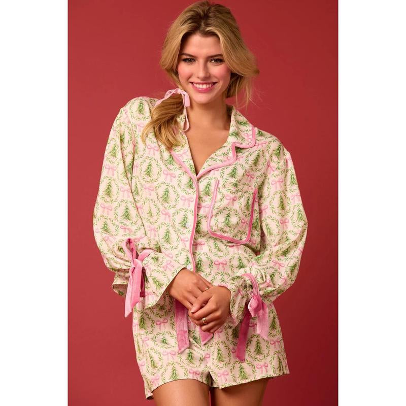 Women's Christmas Pajama Set - Santa and Tree Print Button-Up Long Sleeve Top with Shorts, Cotton Loungewear Outfit, 2 Pieces