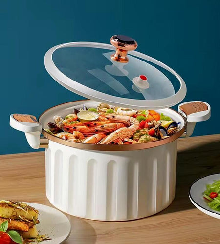 Non-Stick Enamel Micro Pressure Cooker - 2.11 Gallon Large Capacity with Push-Pull Lock for Soups and Stews - Oval Stainless Steel Cookware in White