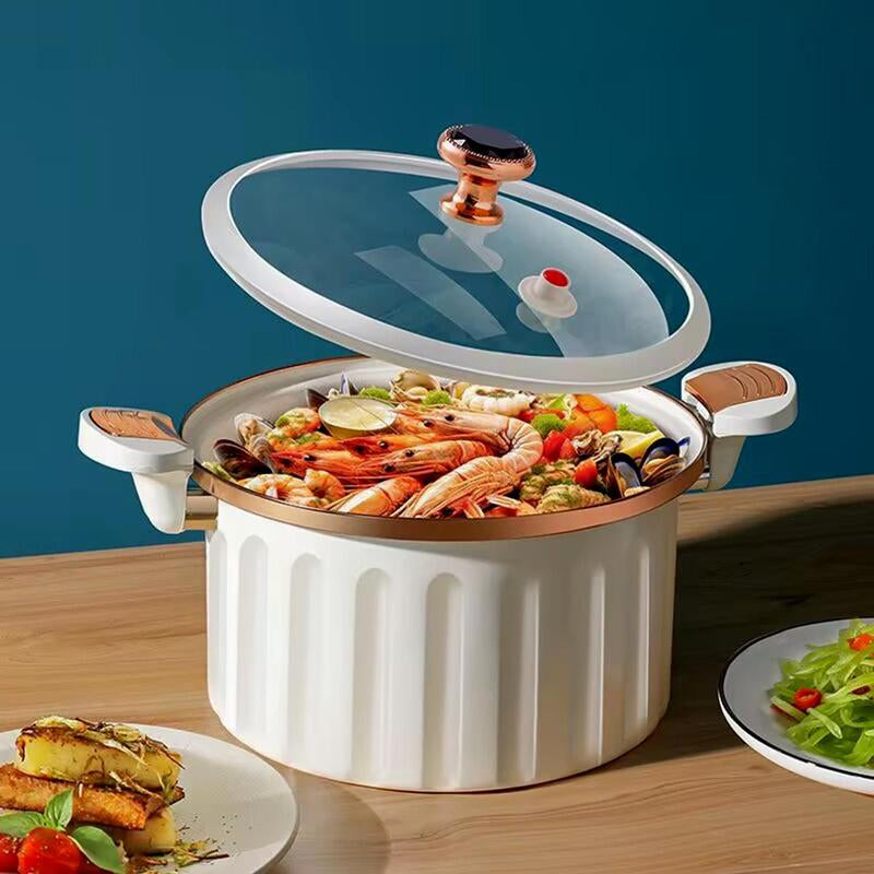 Non-Stick Enamel Micro Pressure Cooker - 2.11 Gallon Large Capacity with Push-Pull Lock for Soups and Stews - Oval Stainless Steel Cookware in White