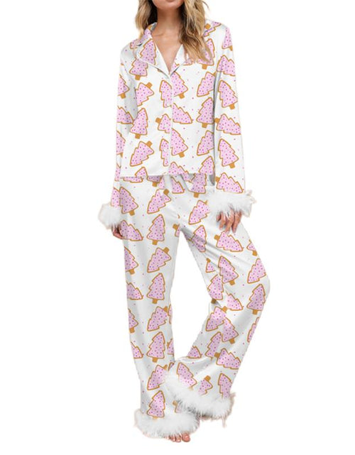 Load image into Gallery viewer, Women&#39;s Holiday Pajama Set with Santa Claus, Christmas Tree, and Boots Print - Plush Cuff Top and Pants for Festive Home Wear
