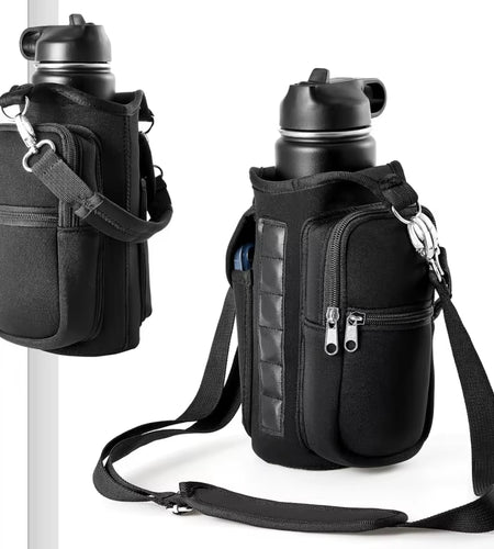 Magnetic Water Bottle Carrier with Phone Pocket and Shoulder Strap - Features 6 Built-In Magnets