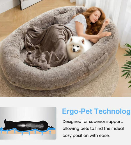 XL Orthopedic Faux Fur Dog Bed for Adults and Pets | Cozy Lounger with Pillow and Blanket | Washable Bedding, Ideal Gift for Pet Enthusiasts