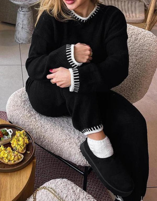 Load image into Gallery viewer, Women&#39;s 2-Piece Sweater Set: Long Sleeve Colorblock Crew Neck Top and Wide Leg Pants for Casual Fall and Winter Wear
