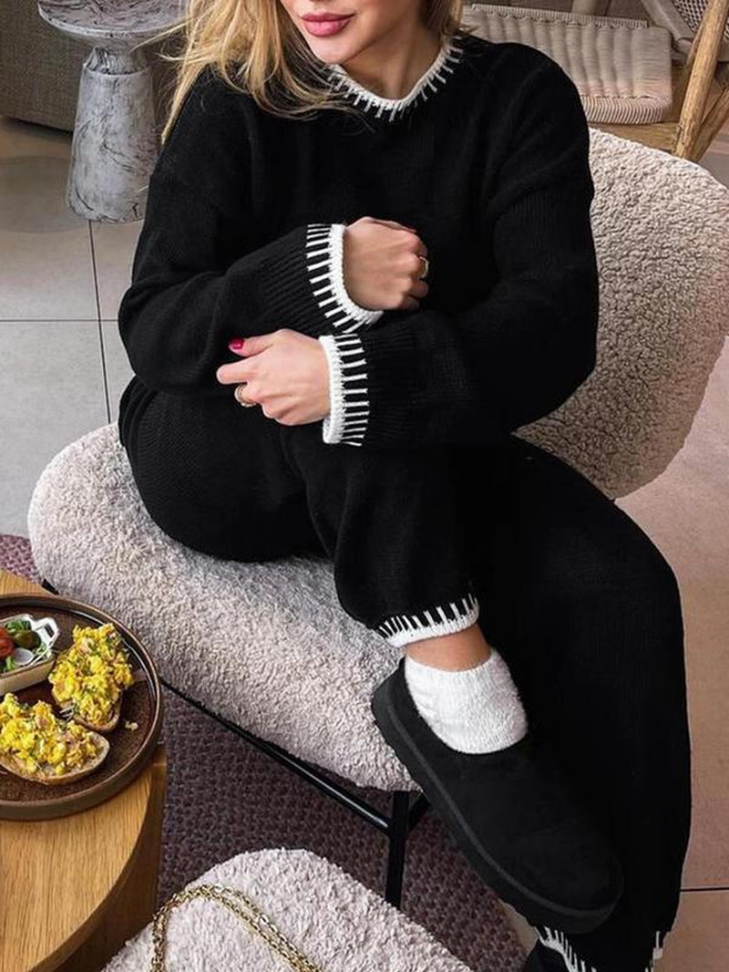Women's 2-Piece Sweater Set: Long Sleeve Colorblock Crew Neck Top and Wide Leg Pants for Casual Fall and Winter Wear