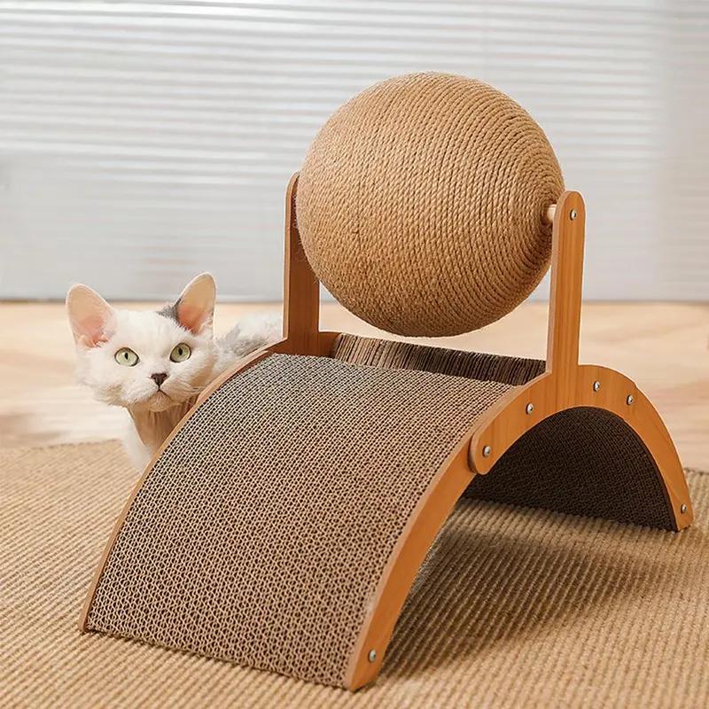 Arch Bridge Ball Design Cat Scratching Board - Durable Wood Stand with Sisal Rope Ball Scratcher Toy for Cats, Wear-Resistant Pet Supplies