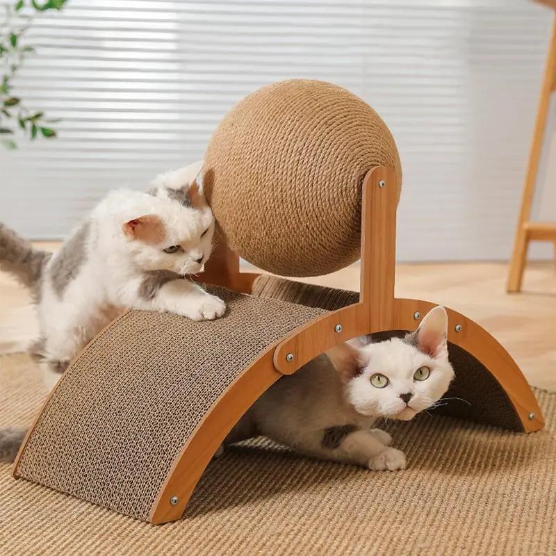 Arch Bridge Ball Design Cat Scratching Board - Durable Wood Stand with Sisal Rope Ball Scratcher Toy for Cats, Wear-Resistant Pet Supplies
