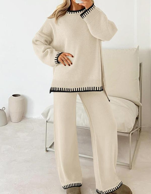 Load image into Gallery viewer, Women&#39;s 2-Piece Sweater Set: Long Sleeve Colorblock Crew Neck Top and Wide Leg Pants for Casual Fall and Winter Wear
