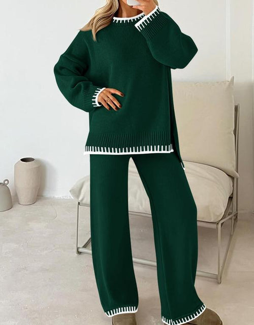 Load image into Gallery viewer, Women&#39;s 2-Piece Sweater Set: Long Sleeve Colorblock Crew Neck Top and Wide Leg Pants for Casual Fall and Winter Wear

