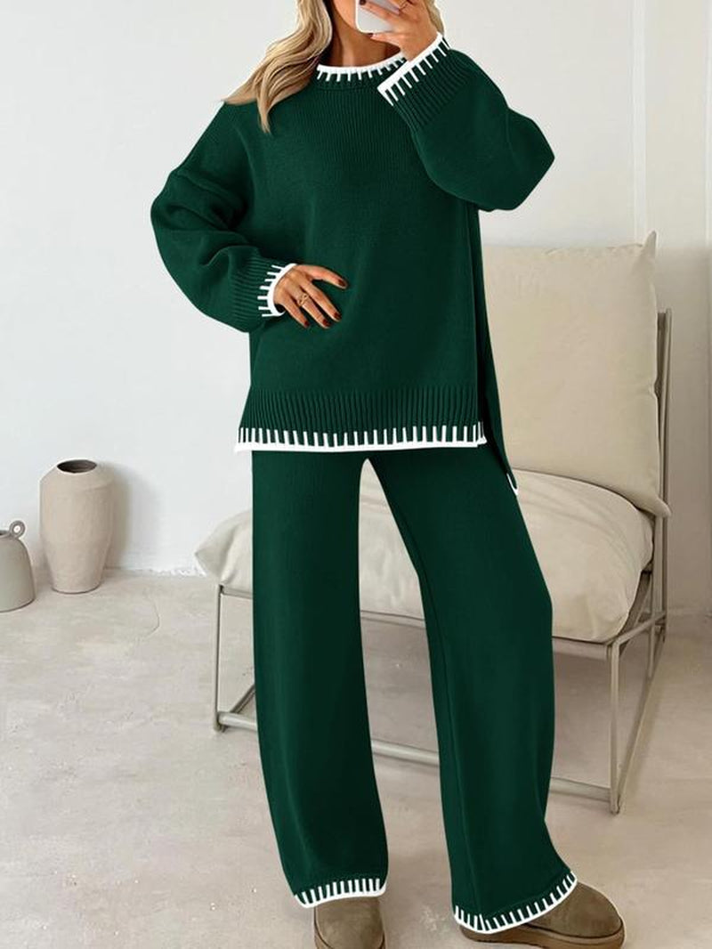 Women's 2-Piece Sweater Set: Long Sleeve Colorblock Crew Neck Top and Wide Leg Pants for Casual Fall and Winter Wear