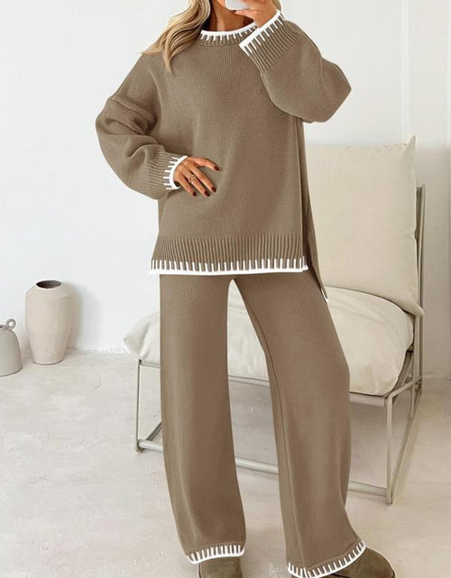 Load image into Gallery viewer, Women&#39;s 2-Piece Sweater Set: Long Sleeve Colorblock Crew Neck Top and Wide Leg Pants for Casual Fall and Winter Wear
