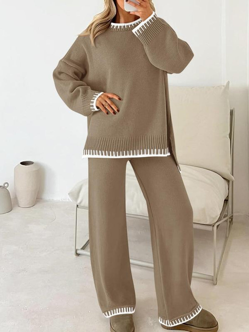 Women's 2-Piece Sweater Set: Long Sleeve Colorblock Crew Neck Top and Wide Leg Pants for Casual Fall and Winter Wear