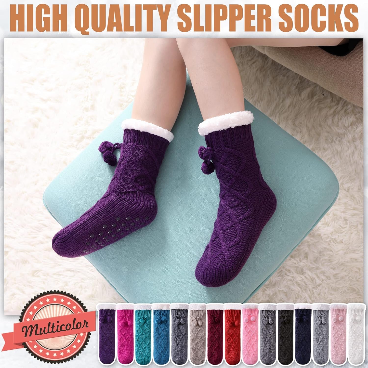 Womens Non Slip Slipper Socks Winter Warm Soft Cozy Fuzzy Fleece-Lined Grippers Home Socks