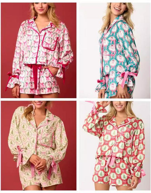 Load image into Gallery viewer, Women&#39;s Christmas Pajama Set - Santa and Tree Print Button-Up Long Sleeve Top with Shorts, Cotton Loungewear Outfit, 2 Pieces
