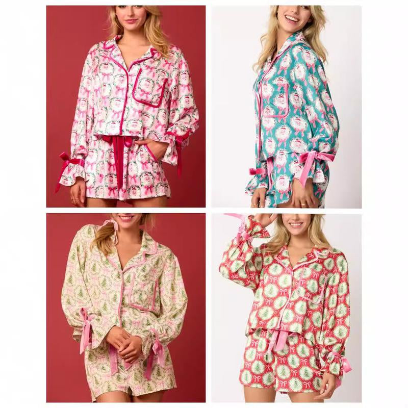 Women's Christmas Pajama Set - Santa and Tree Print Button-Up Long Sleeve Top with Shorts, Cotton Loungewear Outfit, 2 Pieces
