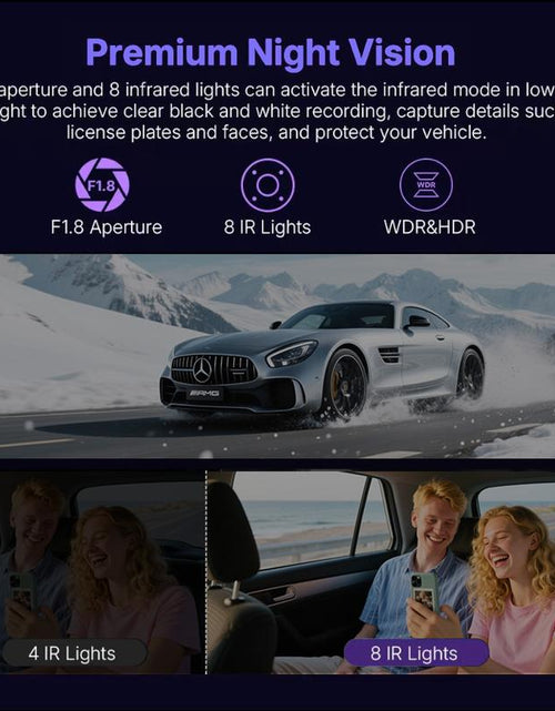 Load image into Gallery viewer, Dual Full HD Dash Camera with Front and Rear Coverage, Built-In WiFi, 64GB Card, 4&quot; IPS Screen, Enhanced Night Vision, HDR, App Control, and 24-Hour Parking Monitoring
