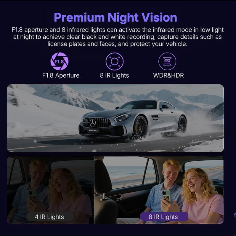 Dual Full HD Dash Camera with Front and Rear Coverage, Built-In WiFi, 64GB Card, 4" IPS Screen, Enhanced Night Vision, HDR, App Control, and 24-Hour Parking Monitoring