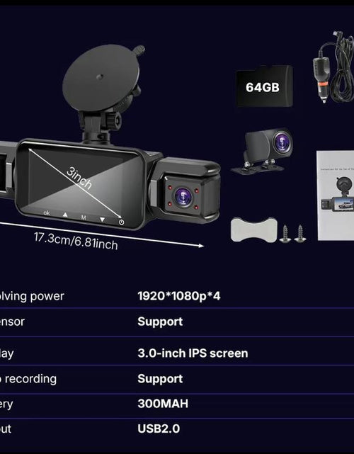 Load image into Gallery viewer, Dual Full HD Dash Camera with Front and Rear Coverage, Built-In WiFi, 64GB Card, 4&quot; IPS Screen, Enhanced Night Vision, HDR, App Control, and 24-Hour Parking Monitoring
