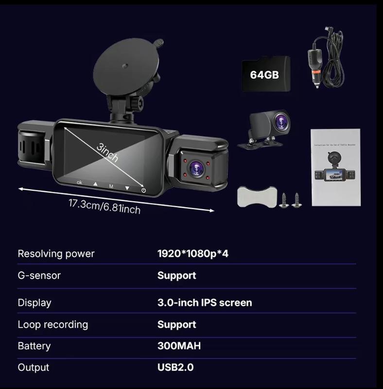 Dual Full HD Dash Camera with Front and Rear Coverage, Built-In WiFi, 64GB Card, 4" IPS Screen, Enhanced Night Vision, HDR, App Control, and 24-Hour Parking Monitoring