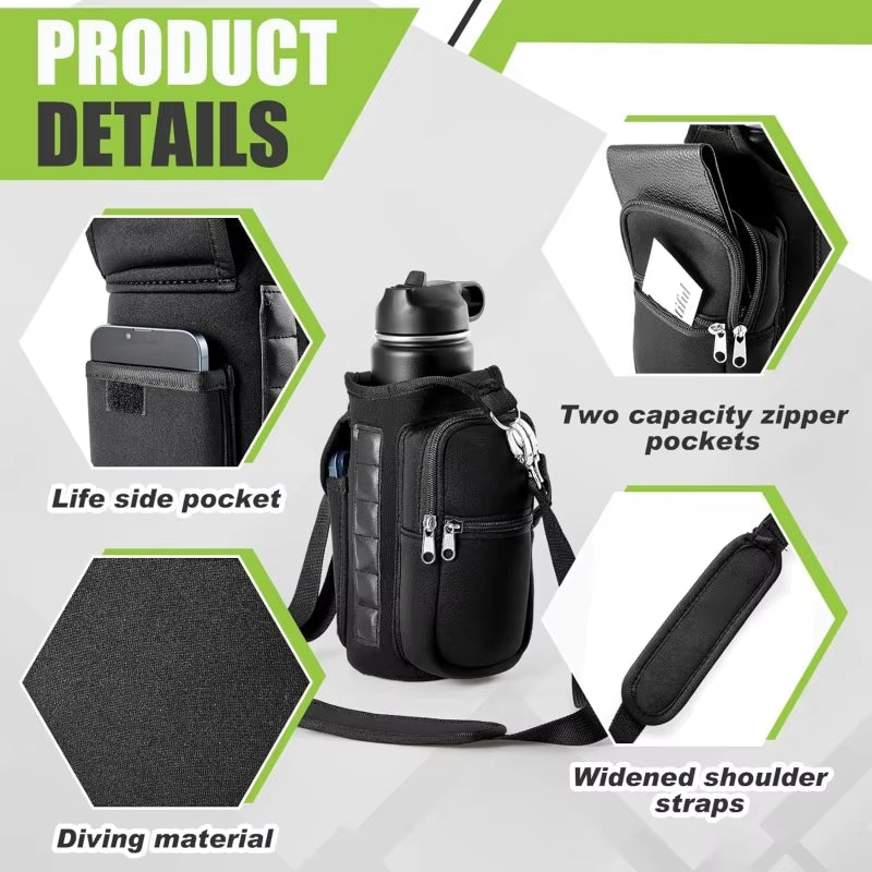 Magnetic Water Bottle Carrier with Phone Pocket and Shoulder Strap - Features 6 Built-In Magnets