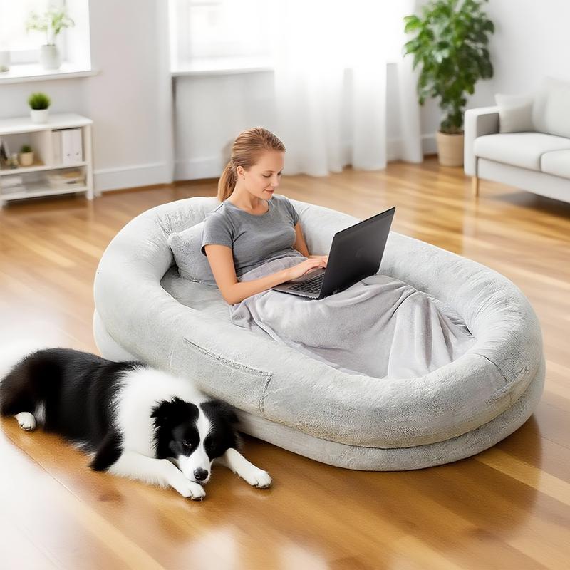 XL Orthopedic Faux Fur Dog Bed for Adults and Pets | Cozy Lounger with Pillow and Blanket | Washable Bedding, Ideal Gift for Pet Enthusiasts