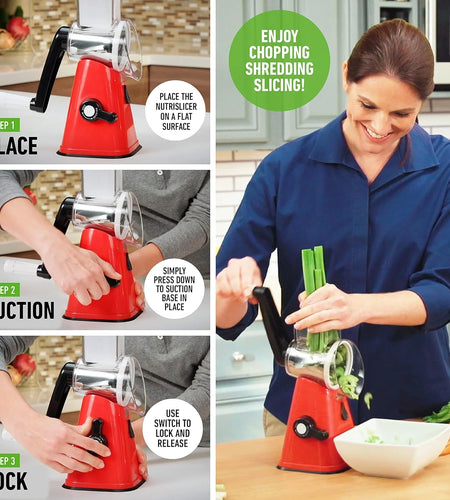 Rotary Cheese Grater Hand Crank, Stainless Steel Rotary Graters for Kitchen with 3 Blades, Vegetable Slicer, Cheese Grater with Suction Cup Base, Dishwasher Safe