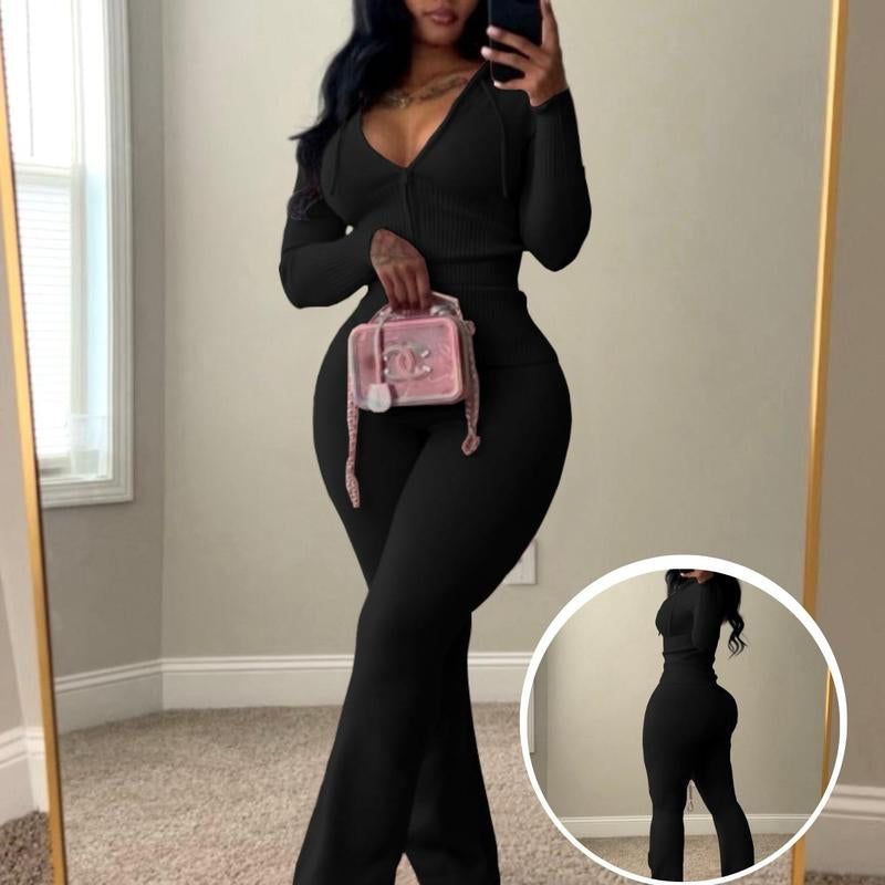 Usboutique Women's Chic 2-Piece Sweatsuit - Yellow Zip-Up Hoodie with Pockets and Flare Yoga Pants, Trendy Lounge Set for Casual Fall/Winter Wear, Athleisure Apparel